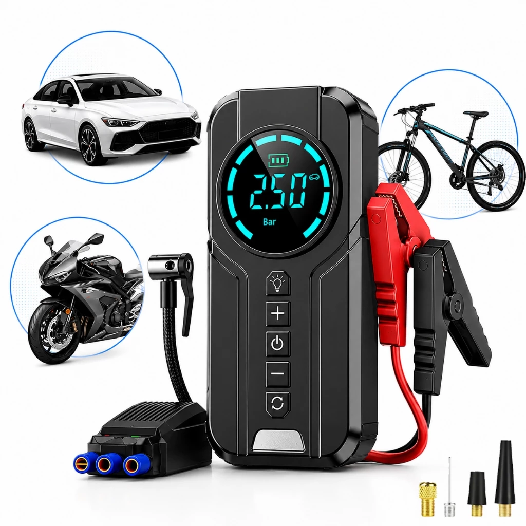 Auxiliar de partida com compressor de ar para carro, moto e bike